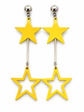Yellow Double Star Drop Earrings Gold Tone Celestial Statement Dangle